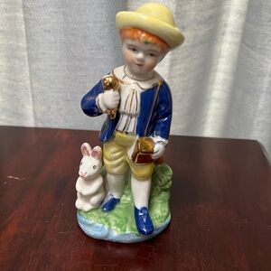 Vintage Figurine Boy with Rabbit, Gold Accents Unmarked but probably Japan